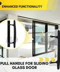 9-7/8 Inch Tall Black Pull Handle Replacement With Screws For Sliding Patio And Glass Doors Fits 6-5/8 Inch Hole Spacing Diecast Durable Construction And Easy Installation For Fixing And Repairing Door Hardware displayed on a sliding glass door.