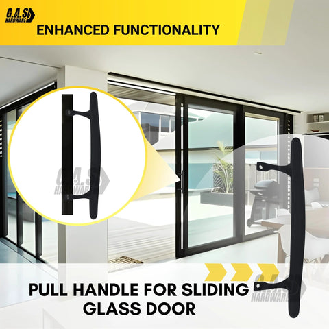 9-7/8 Inch Tall Black Pull Handle Replacement With Screws For Sliding Patio And Glass Doors Fits 6-5/8 Inch Hole Spacing Diecast Durable Construction And Easy Installation For Fixing And Repairing Door Hardware displayed on a sliding glass door.