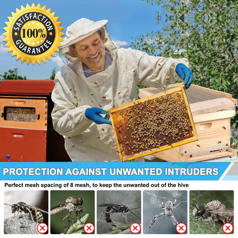 Beekeeper with honeycomb, 304 Stainless Steel Mesh Screen 11 X 24 Inches 8 Mesh Non Rusting 2.55mm Hole Beekeeping Vent Cage shown