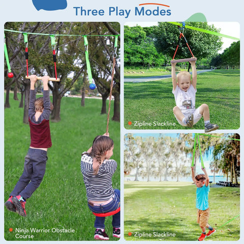 Children playing on Two In One Ninja Warrior Obstacle Course With Zip Line For Kids And Adults Transformable Backyard Slackline Kit