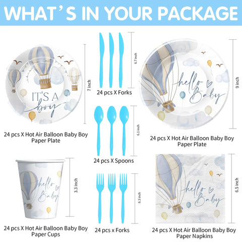 Blue Hot Air Balloon Baby Shower Tableware Set for Boy Disposable Plates Cups Napkins and Cutlery Serves 24 Adventure Awaits