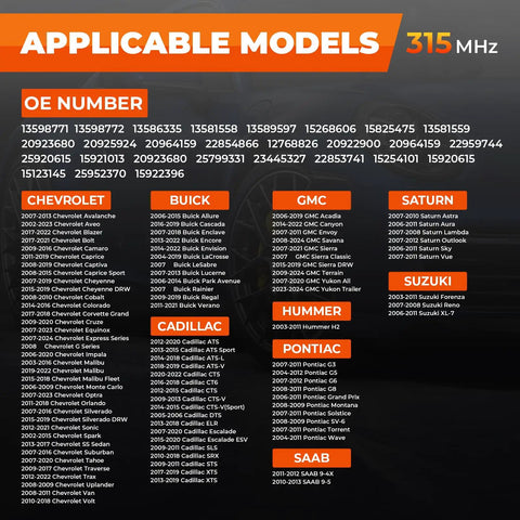 Applicable models chart for Brand New 315 Mhz Tpms Sensor Straight Swap Tire Pressure Monitoring System for GM C6.