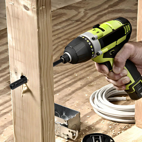 Person using 10 Inch Hole Saw Extension Chuck with Three Eighth Inch Hex Shank Locking for Impact Ready Heavy Duty Drill Bit