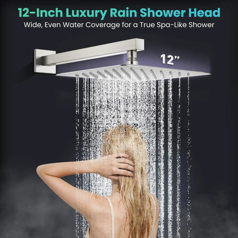 Shower Faucet Set With 12 Inch Rain Shower Head And Handheld Spray, Brushed Nickel Wall Mounted Trim Kit, woman under rainfall shower.