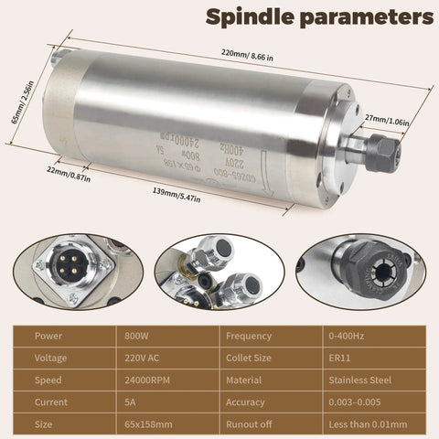 Beast 0.8KW Water Cooled Spindle Motor Kit with ER11 collets, stainless steel, CNC milling dimensions and specifications diagram