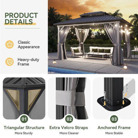 Hardtop 10x14 Gazebo With Aluminum Frame And Double Galvanized Steel Roof Outdoor Metal Pavilion With Netting And Curtains