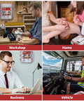 Rhino Rescue 371-piece OSHA all-purpose first aid kit shown in workshop, home, business, and vehicle scenes (4 kits).