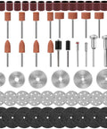 All In One Pro Grade 65 Piece Rotary Tool Kit With Diamond Cutting Wheels Resin Cut Off Discs HSS Circular Saw Blades Sanding Bands And Aluminum Oxide Bits For Wood Plastic Glass Metal Gem And Jade Projects, assorted bits and blades