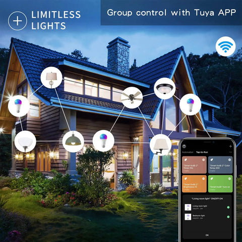 Group control of Six Pack Smart LED Light Bulbs That Work With Alexa And Google Home, Tuya Smart App, shown on a smartphone