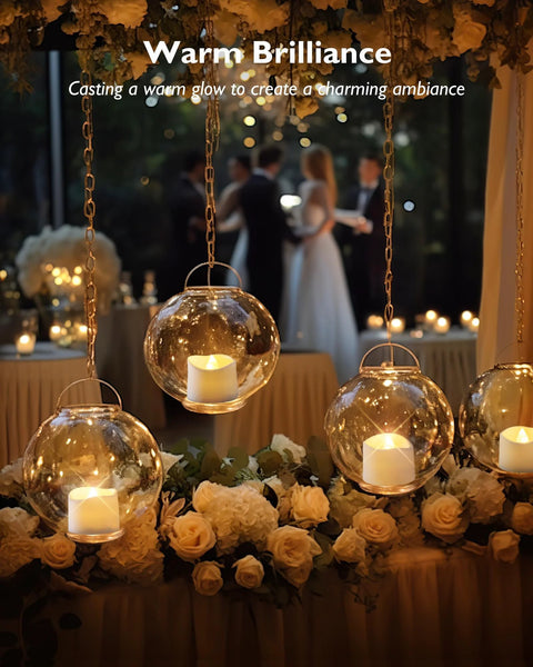 24-piece hanging glass globe lantern set with battery-operated flickering LED tea lights for wedding centerpieces