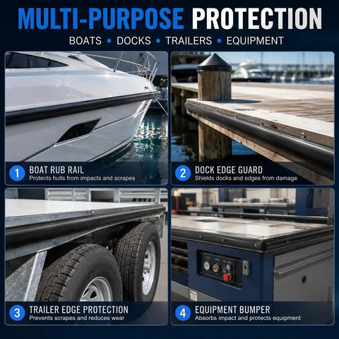 Collage of 50 Ft Semi Rigid Boat Rub Rail Kit for boat, dock, trailer, and equipment protection in marine setting