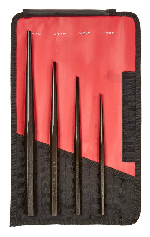 4 Piece Aligning Punch Set For Precise Hole Alignment Of Rivets Pins Or Bolts With Variable Point Shank Sizes And Tapers in pouch