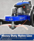 Workhorse Heavy Duty Walk Behind Gas String Trimmer with 170cc 4 Cycle OHV Engine close-up of cutting mechanism and wheels.