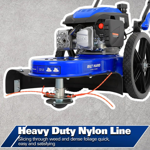 Workhorse Heavy Duty Walk Behind Gas String Trimmer with 170cc 4 Cycle OHV Engine close-up of cutting mechanism and wheels.