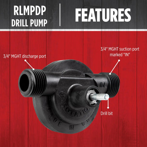 Drill Powered Transfer Pump For Quick Liquid Moves, 154 GPH Black with labeled discharge and suction ports