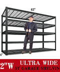 5 Tier Heavy Duty Garage Shelving Unit With 5 Thousand Lbs Capacity Adjustable Steel Shelves For Garage Basement Workshop 62 Inch Wide By 24 Inch Deep By 72 Inch High Rugged Industrial Metal Storage System For Bulky Gear, 62W x 24D x 72H