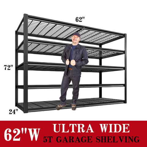 5 Tier Heavy Duty Garage Shelving Unit With 5 Thousand Lbs Capacity Adjustable Steel Shelves For Garage Basement Workshop 62 Inch Wide By 24 Inch Deep By 72 Inch High Rugged Industrial Metal Storage System For Bulky Gear, 62W x 24D x 72H