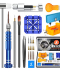Comprehensive Pro Grade Watch Repair Kit For Battery Replacement And Link Removal Resizing Opening Case Back Remover Spring Bar Tool Screwdrivers Gasket Replacement And Cleaning With Strap Adjustment Tools, blue set with various tools for DIY repairs.