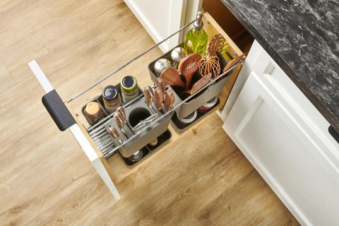 Wood Base Cabinet Pullout Organizer With Soft Close Modular Utensil Bin Knife Bin And Spice Bins Includes Wire Frame Blum Soft Close Slides And Washable Bins For A Sweet Easy Access Kitchen Setup