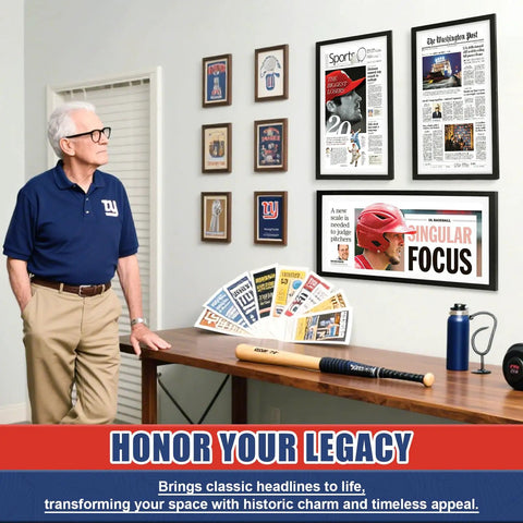 Man viewing framed newspaper front pages in Newspaper Display Frame With Premium Wood And Acrylic Panel on wall