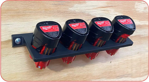 12V M12 Battery Holder Wall Mount for fast secure battery storage with four batteries on wood, heavy duty ABS, black