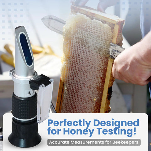 3-In-1 Honey Refractometer With ATC For Brix 58 To 90 Percent, Baume 38 To 43 Degrees, And Moisture 12 To 27 Percent, Easy To Calibrate, Go-To Beekeeping Tool For Honey, Maple Syrup, Molasses, And More.