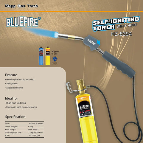 Image of Self Igniting 3Ft Hose Gas Welding Torch with Swirl Flame Brass Burn Tube on MAPP cylinder, ideal for metalwork.