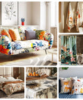 Colorful home textiles including a floral sofa, floral towels, shower curtain with floral motif, floral bedding, and decorative pillows.