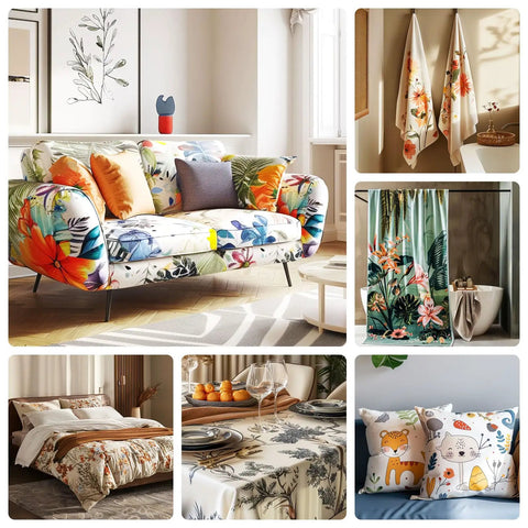 Colorful home textiles including a floral sofa, floral towels, shower curtain with floral motif, floral bedding, and decorative pillows.