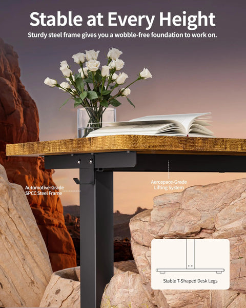 Electric Standing Desk With Memory Presets 48 By 24 Inches Adjustable Sit Stand Computer Desk for stability showcase, rustic brown top on black frame.