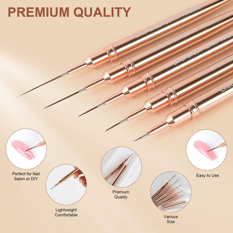 Gold Metallic Nail Art Pens And Liner Brush Set 5Pcs Premium Pro Grade Nail Tools With Easy Grip Handles And Copper Ferrules