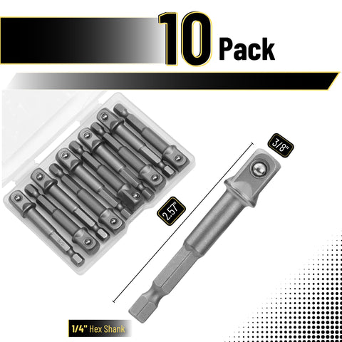 10-Piece Heavy Duty Impact Socket Adapter Set For Drills Three Eighths Inch Square Tip To One Quarter Inch Hex Shank Drill Socket Adapters