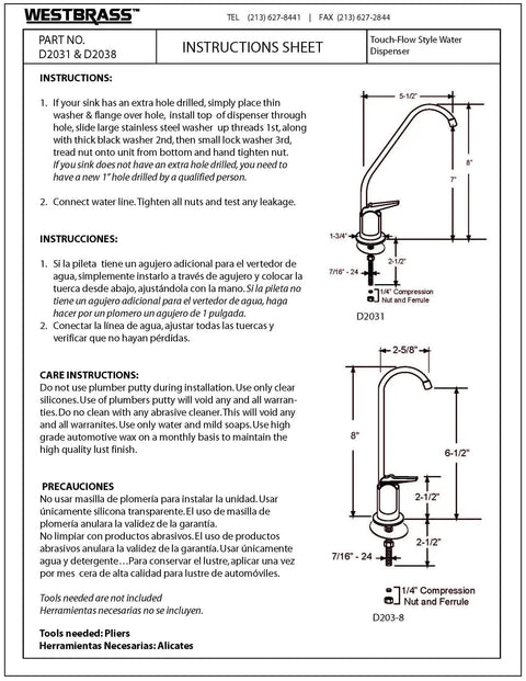 Installation instructions for Touch Flo Pure Cold Water Dispenser Faucet Eight Inch Height With Five And A Half Inch 45 Degree Spout Projection Satin Nickel Finish Fits Counters Up To One And Three Eighths Inch Thick Adapters Available For Thicker Countertops Easy Install.