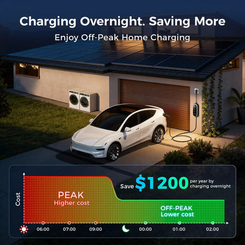Badass Level 2 Tesla Charger With Nacs Link, 24 Amp Adjustable Power, showcasing EV charging at night by a solar-powered home.