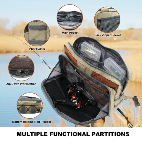 Lightweight Fly Fishing Chest Pack For Men And Women With Tackle Box Storage and Fly Box Pockets showcasing compartments in use.
