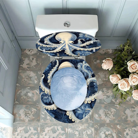 Toilet Seat Round Resin for Bathroom with octopus design, fitting 14-15 inches wide and 17-18 inches long, shown from above.