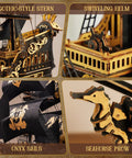 Epic 3D Seahorse Barque Wooden Puzzle Kit For Adults And Teens, Realistic 1 To 100 Scale Ship Model Craft, Durable Wood Pieces, Long And Challenging Build, A Standout Gift For Sea Lovers And Puzzle Fans. Close-up of wooden ship details