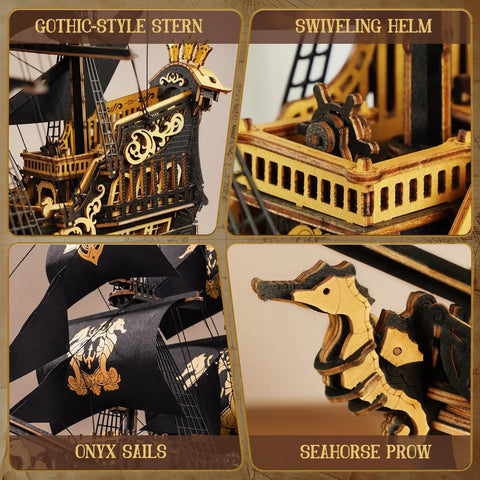 Epic 3D Seahorse Barque Wooden Puzzle Kit For Adults And Teens, Realistic 1 To 100 Scale Ship Model Craft, Durable Wood Pieces, Long And Challenging Build, A Standout Gift For Sea Lovers And Puzzle Fans. Close-up of wooden ship details