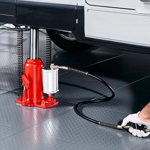 20 Ton Air Hydraulic Bottle Jack With Pneumatic And Manual Operation lifting SUV, showcasing red heavy duty design for auto repair.