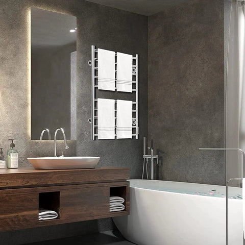 10 Bar Wall Mounted Towel Warmer With Timer For Bathroom Stainless Steel Heated Towel Rack Plug In Or Hardwired Matte Silver Finish