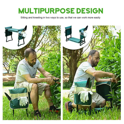 Man using Upgraded Garden Kneeler And Seat With Thickened And Widened Soft Kneeling Pad Heavy Duty Foldable Gardener Stool with pouches.