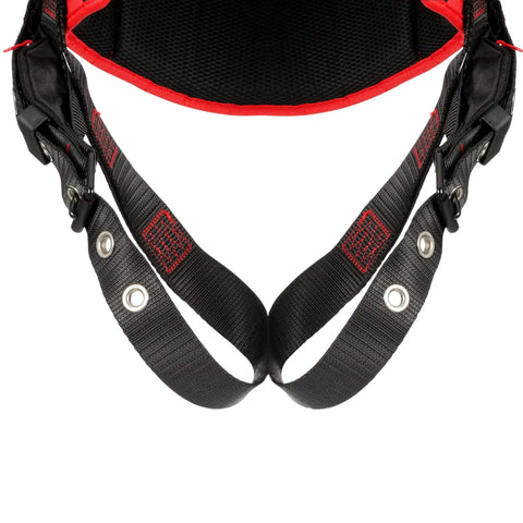Close-up view of Construction Style Positioning Harness P200 with adjustable straps and buckles, Black X-Large, breathable mesh padding.