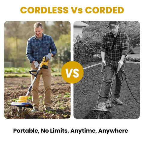 Comparison of Cordless Garden Tiller Cultivator with 250 RPM brushless motor and corded tiller in use