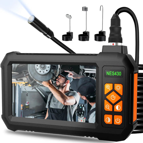 4.3 Inch Borescope With Light Endoscope Camera, 1080p HD Video, showing automotive inspection on IPS display, IP67 waterproof device.