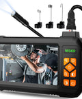 49.2 Ft Semi-Rigid Endoscope Camera With Light, shown inspecting car undercarriage on 4.3 Inch IPS Screen