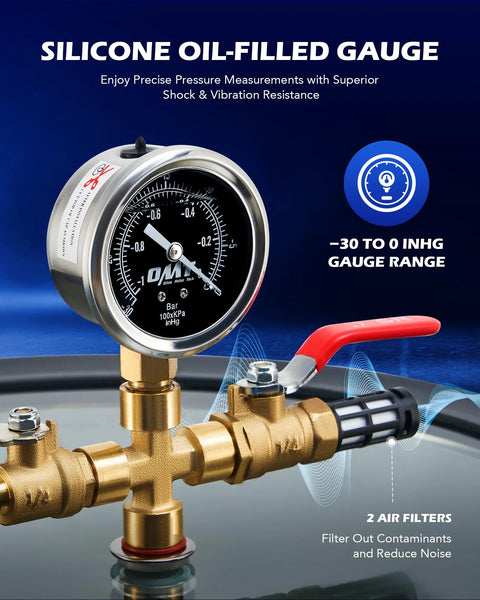 Orion Motor Tech pressure gauge on brass vacuum valve manifold with red lever, front view