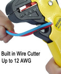 Close-up of automatic wire stripping tool with adjustable stop, built-in cutter, stripping blue and red wire, hand-held demonstration.