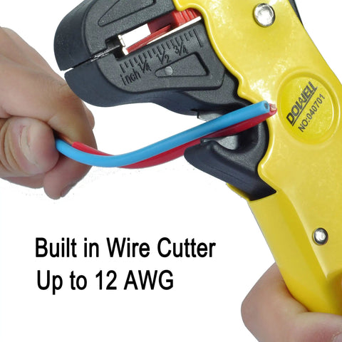 Close-up of automatic wire stripping tool with adjustable stop, built-in cutter, stripping blue and red wire, hand-held demonstration.