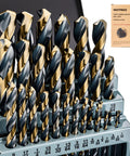 Front view of Eastpace 29-piece cobalt drill bit set in an index case; black-gold coated HSS twist bits, sizes 1/16-1/2 in.