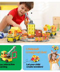 Child playing with Magnetic Construction Vehicle Tiles Set 5 In 1 Buildable Crane Excavator Dump Truck Ladder Truck Backhoe With Two Car Bases For Kids Ages 3 And Up Learn Play And Create Kid Friendly Hands On Building Toys on a playroom floor.